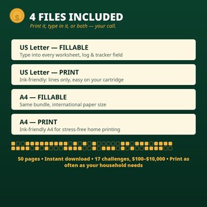 May include: A digital product information graphic on a dark green background. It lists 4 files included: US Letter Fillable, US Letter Print, A4 Fillable, and A4 Print. Text includes 50 pages, instant download, 17 challenges, $100-$10,000.
