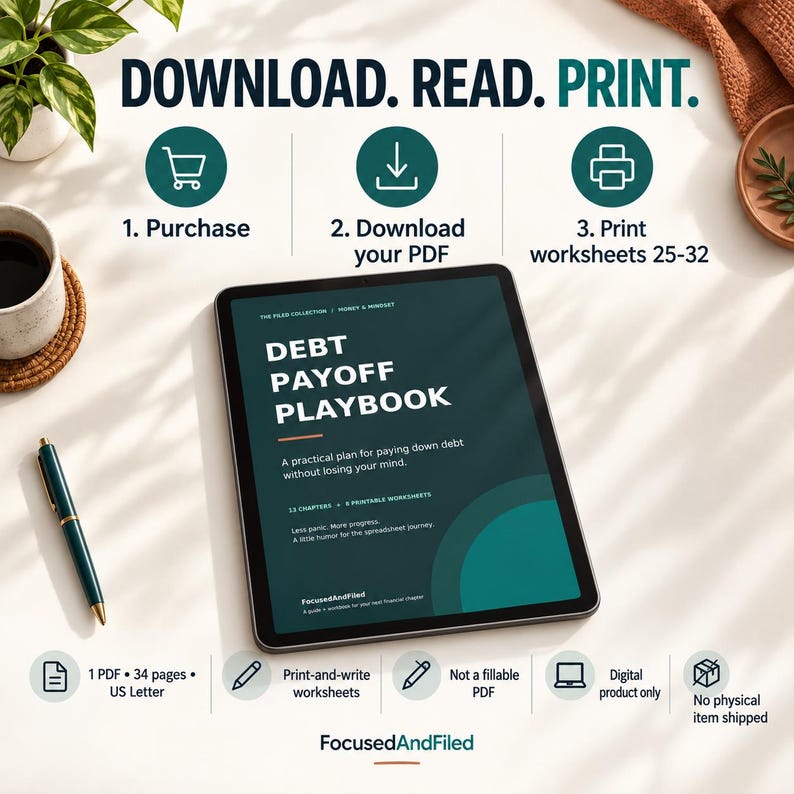 K&ouml;nnte beinhalten: Ein digitales Tablet zeigt das Debt Payoff Playbook, ein dunkelgr&uuml;nes Dokument mit wei&szlig;em Text. Der Bildschirm zeigt 13 Kapitel, 8 druckbare Arbeitsbl&auml;tter und den Titel. Symbole weisen auf ein 34-seitiges PDF im US-Letter-Format hin.