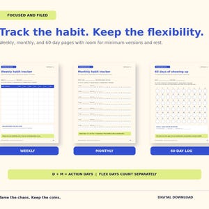 Puede incluir: Un conjunto de seguimiento de h&aacute;bitos digital con tres dise&ntilde;os de p&aacute;gina distintos: un rastreador semanal, un rastreador mensual y un registro de 60 d&iacute;as. Las p&aacute;ginas incluyen encabezados como Track the habit. Keep the flexibility y D + M = ACTION DAYS.