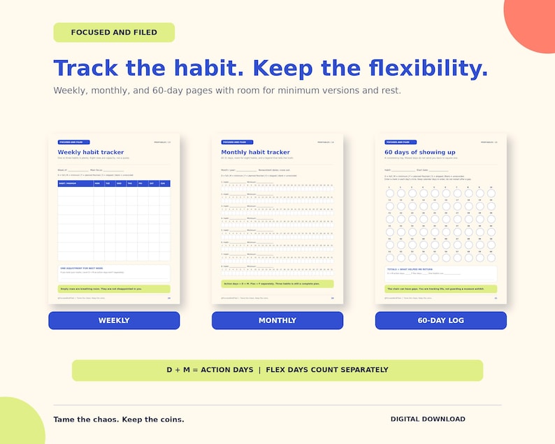 Puede incluir: Un conjunto de seguimiento de h&aacute;bitos digital con tres dise&ntilde;os de p&aacute;gina distintos: un rastreador semanal, un rastreador mensual y un registro de 60 d&iacute;as. Las p&aacute;ginas incluyen encabezados como Track the habit. Keep the flexibility y D + M = ACTION DAYS.