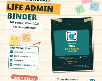May include: A digital planner titled The Ultimate 2027 Life Admin Binder with 103 fillable and printable pages. The graphic features a dark green cover with a brain icon, a checklist for insurance, bills, warranties, and emergency contacts.