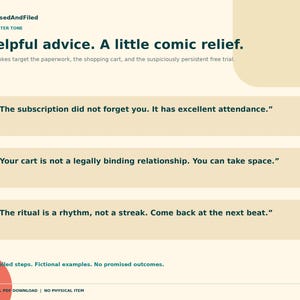 May include: A digital document with a cream background featuring dark teal text. The header reads FocusedAndFiled, A LIGHTER TONE, Helpful advice. A little comic relief. It includes three quotes about subscriptions, shopping carts, and rituals.