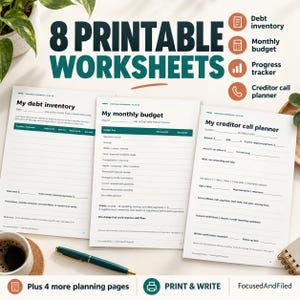 K&ouml;nnte beinhalten: Ein Set aus 8 druckbaren Arbeitsbl&auml;ttern zur Finanzplanung, darunter My debt inventory, My monthly budget und My creditor call planner. Die wei&szlig;en Seiten haben dunkelgr&uuml;ne &Uuml;berschriften, schwarzen Text und Linien zum Ausf&uuml;llen.