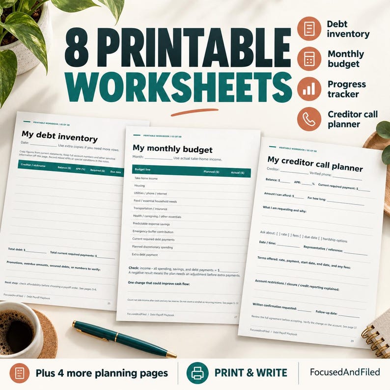 K&ouml;nnte beinhalten: Ein Set aus 8 druckbaren Arbeitsbl&auml;ttern zur Finanzplanung, darunter My debt inventory, My monthly budget und My creditor call planner. Die wei&szlig;en Seiten haben dunkelgr&uuml;ne &Uuml;berschriften, schwarzen Text und Linien zum Ausf&uuml;llen.