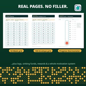 May include: A financial planner featuring a 52-week savings challenge grid, a 100-envelope challenge grid, and a progress thermometer tracker. The text reads REAL PAGES. NO FILLER., 52-Week Challenge, 100-Envelope Challenge, and Progress Tracker.