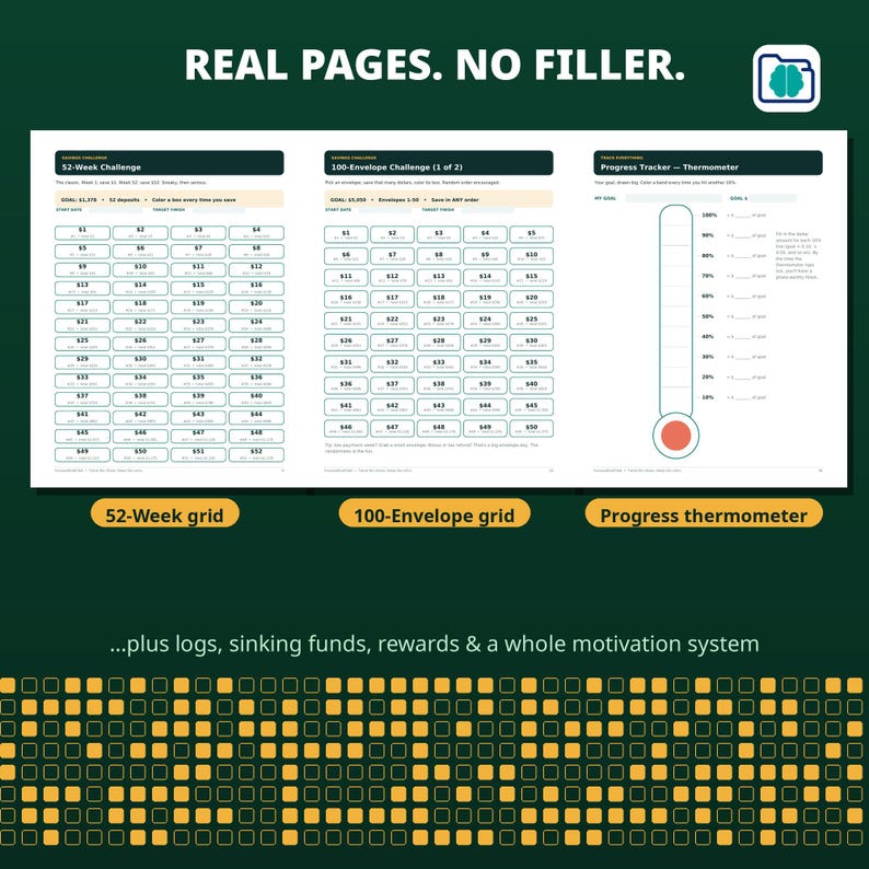 May include: A financial planner featuring a 52-week savings challenge grid, a 100-envelope challenge grid, and a progress thermometer tracker. The text reads REAL PAGES. NO FILLER., 52-Week Challenge, 100-Envelope Challenge, and Progress Tracker.