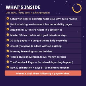 May include: A dark purple informational graphic titled WHAT'S INSIDE with a list of program features including setup worksheets, habit-stacking, idea banks, a 30-day tracker, daily pages, weekly reviews, routine builders, and deep dives.