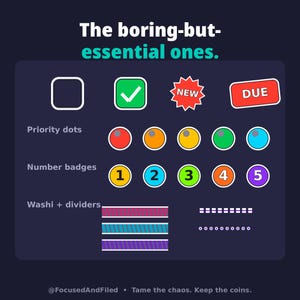 May include: A digital sticker sheet featuring the text The boring-but-essential ones. Includes icons for checkboxes, a green checkmark, a red NEW star, a red DUE label, priority dots in five colors, numbered badges one through five, and washi tape strips.