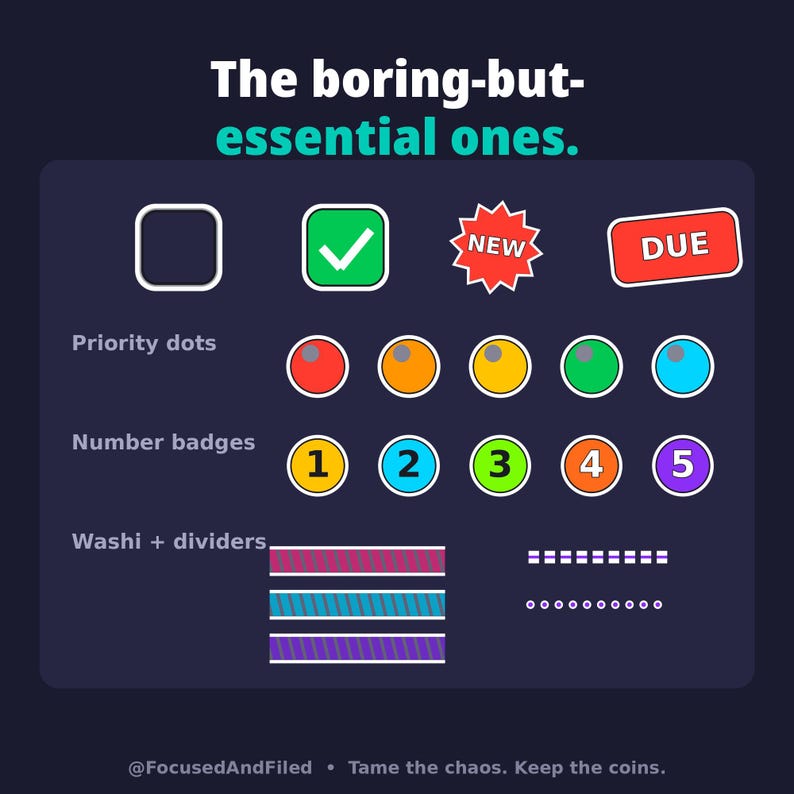 May include: A digital sticker sheet featuring the text The boring-but-essential ones. Includes icons for checkboxes, a green checkmark, a red NEW star, a red DUE label, priority dots in five colors, numbered badges one through five, and washi tape strips.