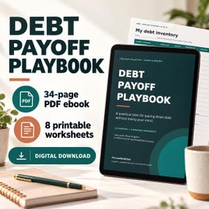 May include: A digital Debt Payoff Playbook ebook displayed on a tablet screen, accompanied by a printable debt inventory worksheet. The text includes Debt Payoff Playbook, 34-page PDF ebook, 8 printable worksheets, and Digital Download.