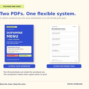 Puede incluir: Un conjunto de libros de trabajo digitales titulado Focused and Filed que incluye un libro en color de 44 p&aacute;ginas y un paquete de 28 p&aacute;ginas para imprimir. El texto dice Dopamine Menu + Habit Tracker, Your Brain Called y Tame the chaos.
