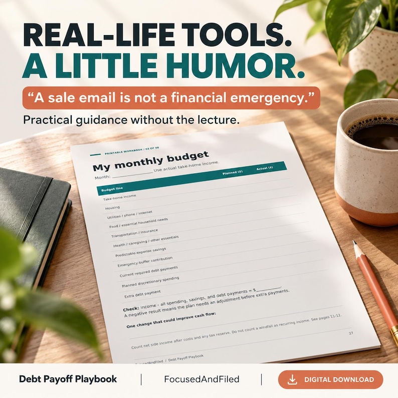 K&ouml;nnte beinhalten: Eine druckbare monatliche Budget-Arbeitsblattseite mit dem Titel My monthly budget mit Spalten f&uuml;r geplante und tats&auml;chliche Einnahmen und Ausgaben. Der Text lautet Real-life tools. A little humor. A sale email is not a financial emergency. Practical guidance without the lecture.