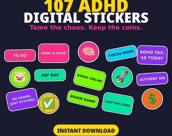 107 ADHD Digital Stickers PNG, Funny GoodNotes Planner Stickers, Motivational Money Focus Pack
