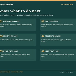 Peut inclure: Un graphique informatif vert fonc&eacute; intitul&eacute; FocusedAndFiled 03 / CREDIT CLARITY. Il &eacute;num&egrave;re six &eacute;tapes : 01 READ YOUR REPORT, 02 SORT THE ISSUE, 03 MAKE YOUR CASE, 04 FOLLOW THROUGH, 05 BUILD WITH CARE et 06 KEEP YOUR PLAN.