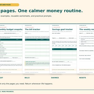 K&ouml;nnte beinhalten: Ein 34-seitiger Finanzplaner mit Arbeitsbl&auml;ttern unter dem Titel Focused and Filed. Die Seiten enthalten eine monatliche Budget&uuml;bersicht, einen Rechnungs-Tracker, einen Sparziel-Tracker und einen w&ouml;chentlichen Finanz-Reset mit Vorlagen.