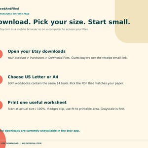 May include: An instructional graphic with a cream background and dark green text titled FocusedAndFiled. It outlines three steps for digital downloads: Open your Etsy downloads, Choose US Letter or A4, and Print one useful worksheet.