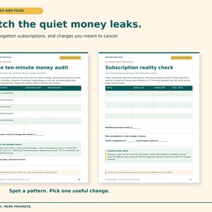 K&ouml;nnte beinhalten: Zwei Seiten eines Finanzplanungsdokuments mit dem Titel Catch the quiet money leaks. Die Seiten enthalten Abschnitte f&uuml;r eine zehnmin&uuml;tige Finanzpr&uuml;fung und einen Abonnement-Check mit Tabellen zur Nachverfolgung von Geb&uuml;hren.