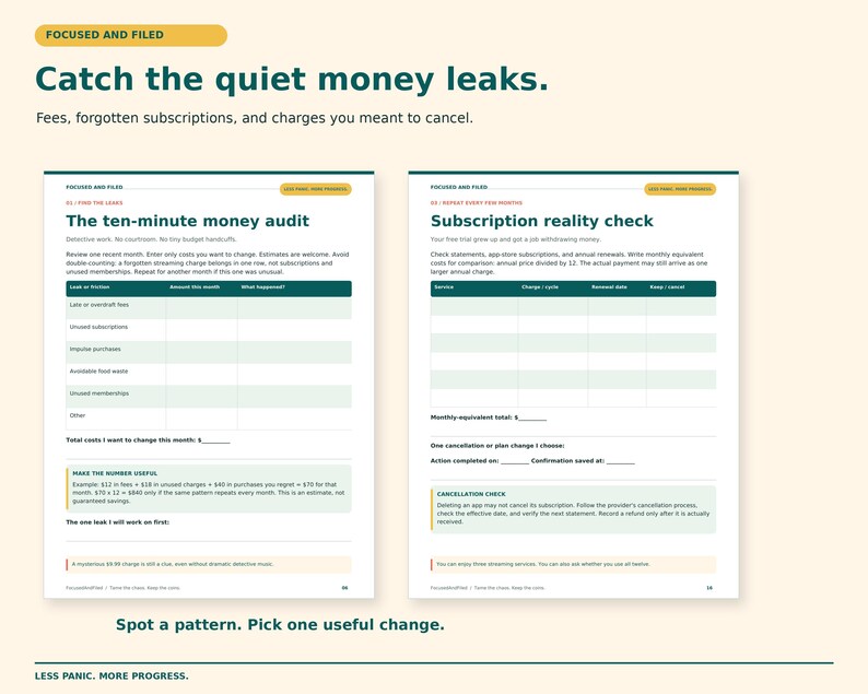 K&ouml;nnte beinhalten: Zwei Seiten eines Finanzplanungsdokuments mit dem Titel Catch the quiet money leaks. Die Seiten enthalten Abschnitte f&uuml;r eine zehnmin&uuml;tige Finanzpr&uuml;fung und einen Abonnement-Check mit Tabellen zur Nachverfolgung von Geb&uuml;hren.
