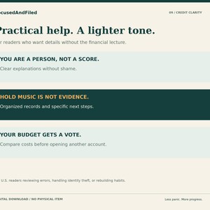 Peut inclure: Un document num&eacute;rique intitul&eacute; FocusedAndFiled 09 / CREDIT CLARITY avec le texte Practical help. A lighter tone. Il comprend trois sections avec les titres : YOU ARE A PERSON, NOT A SCORE., HOLD MUSIC IS NOT EVIDENCE. et YOUR BUDGET GETS A VOTE.