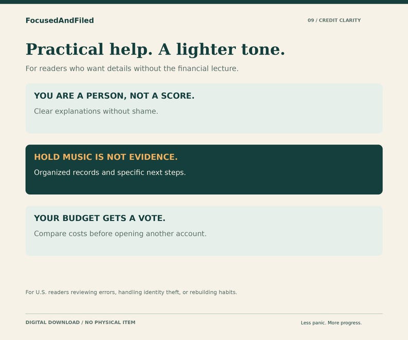 Peut inclure: Un document num&eacute;rique intitul&eacute; FocusedAndFiled 09 / CREDIT CLARITY avec le texte Practical help. A lighter tone. Il comprend trois sections avec les titres : YOU ARE A PERSON, NOT A SCORE., HOLD MUSIC IS NOT EVIDENCE. et YOUR BUDGET GETS A VOTE.