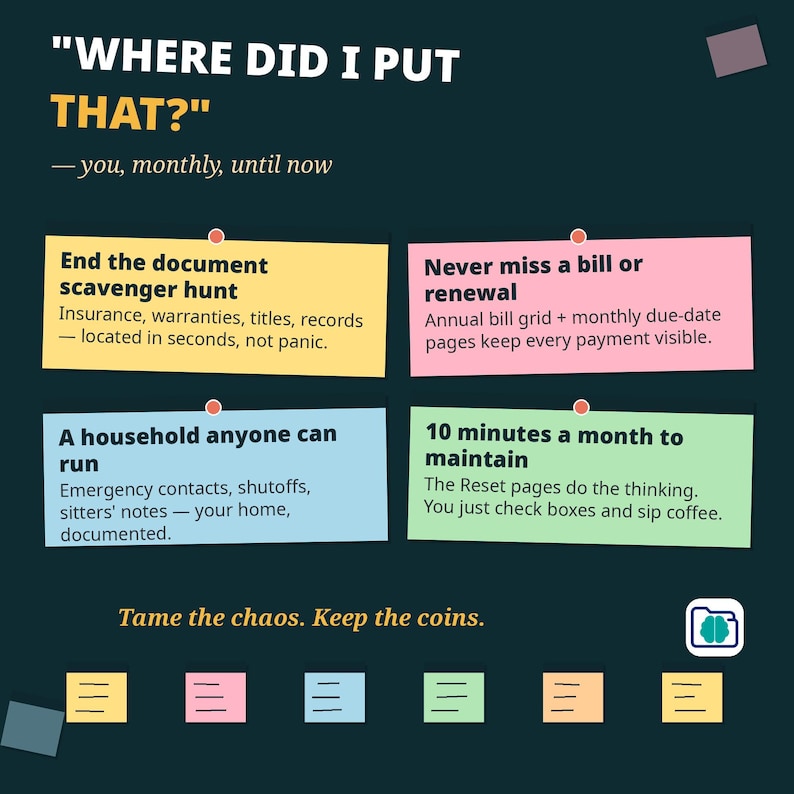 May include: A dark teal informational graphic titled WHERE DID I PUT THAT? featuring four colored sticky notes with text about document organization, bill tracking, household management, and maintenance, plus six small colored note icons.