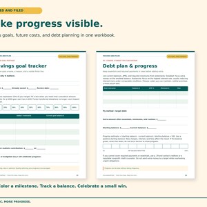 K&ouml;nnte beinhalten: Ein zweiseitiges Finanzarbeitsbuch-Layout mit dem Titel Focused and Filed. Die linke Seite enth&auml;lt einen Sparziel-Tracker mit Fortschrittsfeldern. Die rechte Seite zeigt eine Tabelle zur Schuldenplanung und zum Fortschritt.