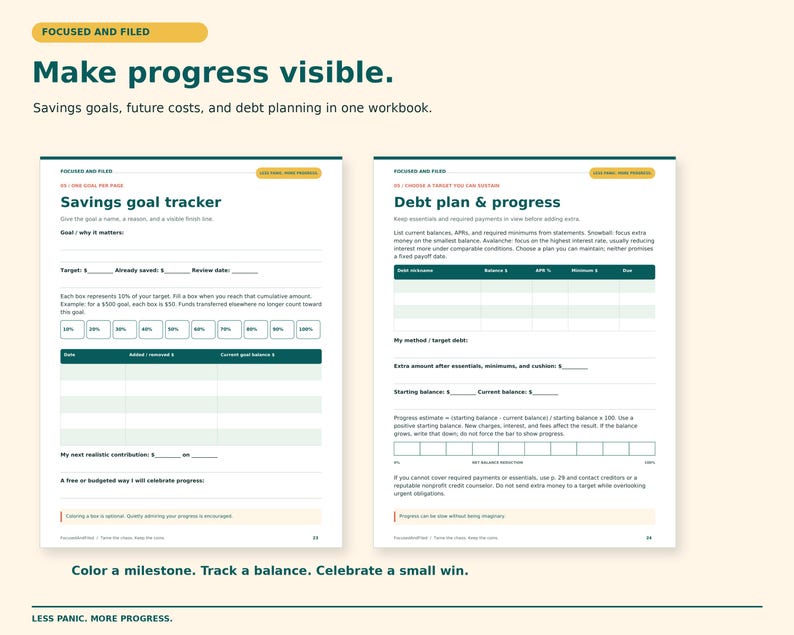 K&ouml;nnte beinhalten: Ein zweiseitiges Finanzarbeitsbuch-Layout mit dem Titel Focused and Filed. Die linke Seite enth&auml;lt einen Sparziel-Tracker mit Fortschrittsfeldern. Die rechte Seite zeigt eine Tabelle zur Schuldenplanung und zum Fortschritt.
