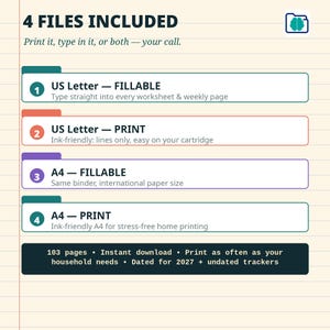May include: A digital document listing 4 files included: US Letter Fillable, US Letter Print, A4 Fillable, and A4 Print. The text includes 103 pages, instant download, and dated for 2027 plus undated trackers on a lined paper background.