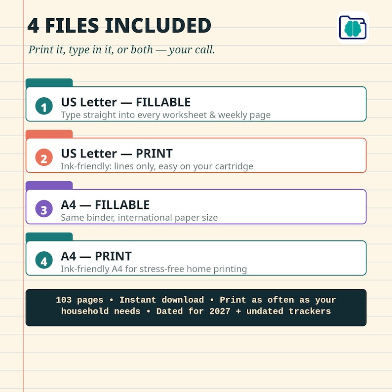 May include: A digital document listing 4 files included: US Letter Fillable, US Letter Print, A4 Fillable, and A4 Print. The text includes 103 pages, instant download, and dated for 2027 plus undated trackers on a lined paper background.