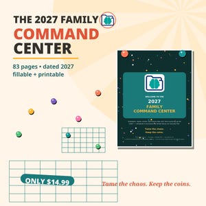 May include: The 2027 Family Command Center is an 83-page fillable and printable planner. The cover features a dark green background with colorful dots, a brain icon in a folder, and the text: Welcome to the 2027 Family Command Center.