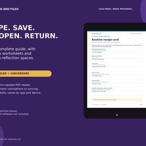May include: A digital product display featuring a tablet showing a Routine recipe card worksheet. The text reads: TYPE. SAVE. REOPEN. RETURN. 522 FIELDS + CHECKBOXES. The guide includes fillable worksheets and lesson-reflection spaces for organization.