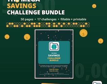 Peut inclure: Le Mega Savings Challenge Bundle comprend 50 pages et 17 défis remplissables et imprimables. Le graphique vert foncé affiche des icônes de pièces d'or, une icône de cerveau dans un dossier et le texte Tame the chaos. Keep the coins.
