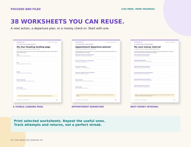 May include: A set of 38 reusable worksheets titled Focused and Filed, Less Panic. More Progress. The pages include My four-heading landing page, Appointment departure planner, and My next money interval with blank fields for tracking tasks and progress.