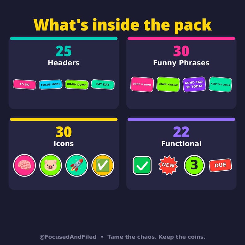 May include: A digital sticker pack graphic titled What's inside the pack, featuring four sections: 25 Headers, 30 Funny Phrases, 30 Icons, and 22 Functional stickers. The layout includes colorful labels like To Do, Done Is Done, and various icons on a dark background.