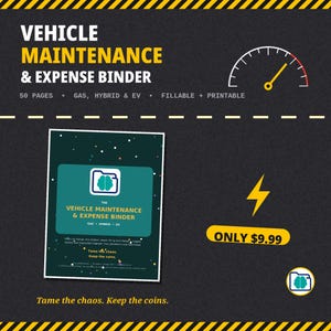 May include: A digital vehicle maintenance and expense binder document featuring a dark green cover with a white folder icon containing a brain graphic. The text reads Vehicle Maintenance & Expense Binder, Gas, Hybrid & EV, 50 Pages, Fillable + Printable, and Tame the chaos. Keep the coins.