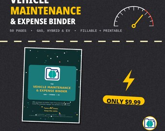 May include: A digital vehicle maintenance and expense binder document featuring a dark green cover with a white folder icon containing a brain graphic. The text reads Vehicle Maintenance & Expense Binder, Gas, Hybrid & EV, 50 Pages, Fillable + Printable, and Tame the chaos. Keep the coins.