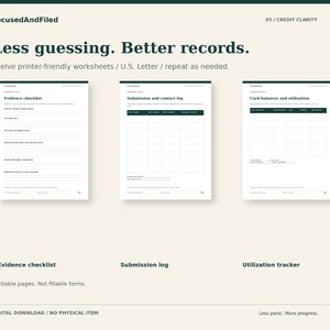 Peut inclure: Douze feuilles de travail imprimables au format U.S. Letter intitul&eacute;es FocusedAndFiled Credit Clarity. Comprend une liste de contr&ocirc;le des preuves, un journal de soumission et un suivi des soldes et de l'utilisation des cartes.