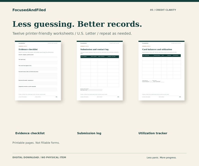 Peut inclure: Douze feuilles de travail imprimables au format U.S. Letter intitul&eacute;es FocusedAndFiled Credit Clarity. Comprend une liste de contr&ocirc;le des preuves, un journal de soumission et un suivi des soldes et de l'utilisation des cartes.