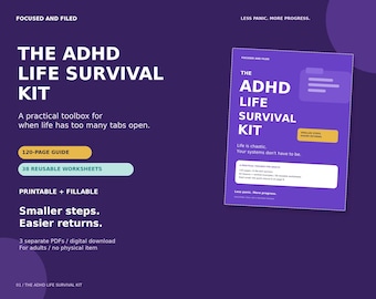 ADHD Life Planner for Adults, 120 Page Survival Kit Workbook, Printable Worksheets, Fillable PDF, Executive Function Planner