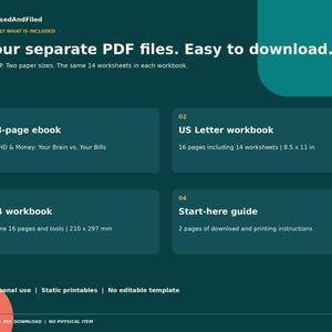 May include: A digital download graphic on a dark teal background listing four PDF files: a 48-page ebook titled ADHD & Money: Your Brain vs. Your Bills, a 16-page US Letter workbook measuring 8.5 x 11 inches, an A4 workbook, and a 2-page start-here guide.