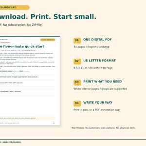 K&ouml;nnte beinhalten: Eine digitale PDF-Planerseite mit dem Titel The five-minute quick start mit Kontrollk&auml;stchen und Zeilen zur Finanzverfolgung. Das Dokument enth&auml;lt Details zu seinem Umfang von 34 Seiten, dem A4-Format und den Druckoptionen f&uuml;r wei&szlig;e Innenseiten.