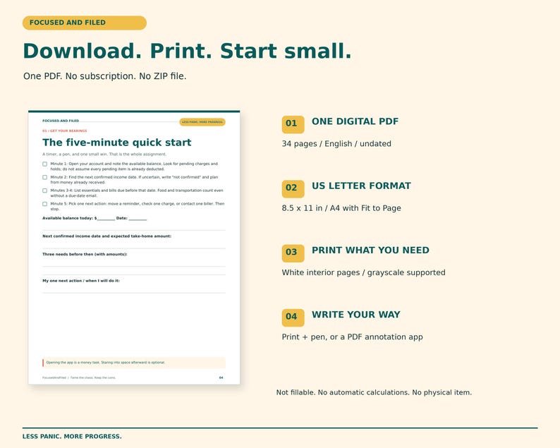 K&ouml;nnte beinhalten: Eine digitale PDF-Planerseite mit dem Titel The five-minute quick start mit Kontrollk&auml;stchen und Zeilen zur Finanzverfolgung. Das Dokument enth&auml;lt Details zu seinem Umfang von 34 Seiten, dem A4-Format und den Druckoptionen f&uuml;r wei&szlig;e Innenseiten.