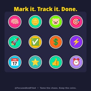 May include: A dark blue graphic featuring the text Mark it. Track it. Done. and twelve circular icons including a brain, coin, pig, target, rocket, checkmark, dollar sign, lightning bolt, calendar showing July 17, star, thumbs up, and alarm clock.