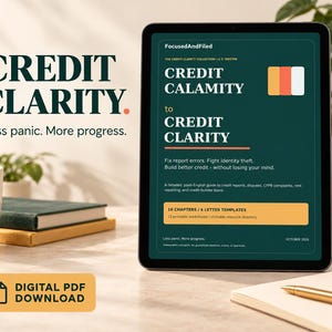 May include: A digital tablet displays a dark green document titled Credit Calamity to Credit Clarity, part of the Credit Clarity Collection U.S. Edition. The screen includes text about fixing report errors, 16 chapters, 6 letter templates, and 12 printable worksheets.
