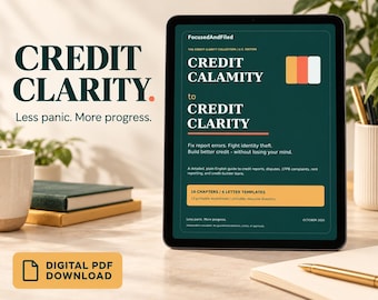 May include: A digital tablet displays a dark green document titled Credit Calamity to Credit Clarity, part of the Credit Clarity Collection U.S. Edition. The screen includes text about fixing report errors, 16 chapters, 6 letter templates, and 12 printable worksheets.