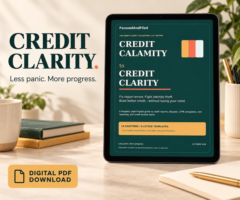 Peut inclure: Une tablette num&eacute;rique affiche un document vert fonc&eacute; intitul&eacute; Credit Calamity to Credit Clarity, faisant partie de la collection Credit Clarity U.S. Edition. L'&eacute;cran pr&eacute;sente du texte sur la correction d'erreurs, 16 chapitres, 6 mod&egrave;les de lettres et 12 fiches.