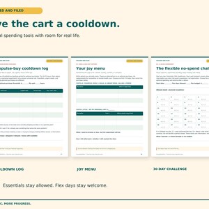 K&ouml;nnte beinhalten: Drei druckbare Finanzplanungsseiten mit dem Titel Give the cart a cooldown. Die Seiten enthalten ein Impulskauf-Abk&uuml;hlungsprotokoll, ein Freudemen&uuml; und eine flexible No-Spend-Challenge mit Tabellen, Kontrollk&auml;stchen und Aufforderungen.