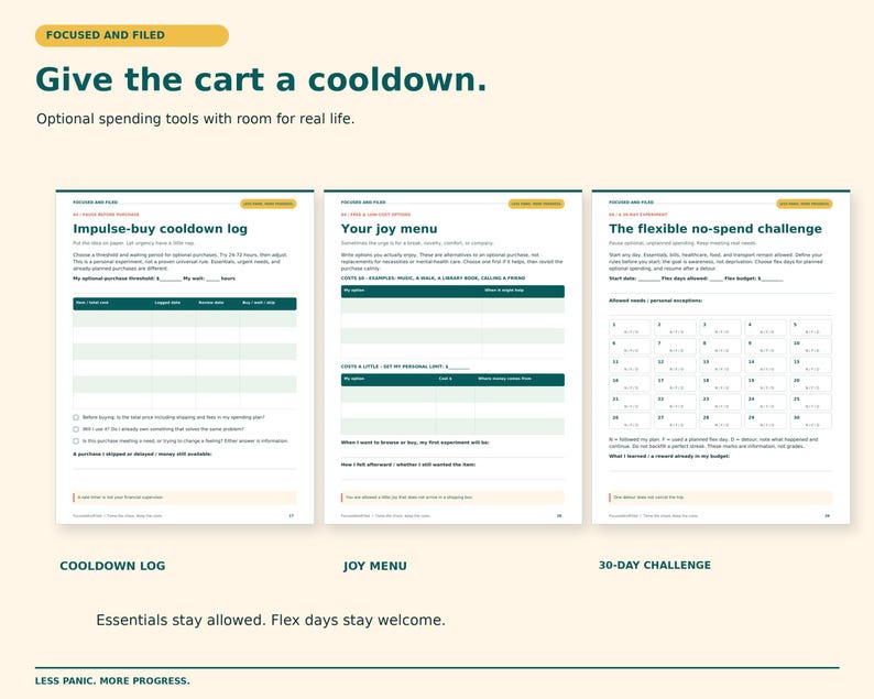 K&ouml;nnte beinhalten: Drei druckbare Finanzplanungsseiten mit dem Titel Give the cart a cooldown. Die Seiten enthalten ein Impulskauf-Abk&uuml;hlungsprotokoll, ein Freudemen&uuml; und eine flexible No-Spend-Challenge mit Tabellen, Kontrollk&auml;stchen und Aufforderungen.