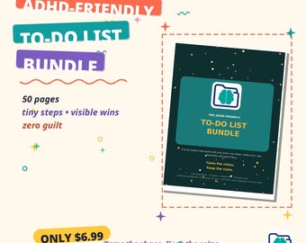 May include: A digital ADHD-friendly to-do list bundle with 50 pages. The cover features a dark background with colorful confetti, a teal rectangle, and a brain icon inside a folder. Text includes ADHD-FRIENDLY TO-DO LIST BUNDLE, tiny steps, visible wins, zero guilt, and Tame the chaos. Keep the coins.