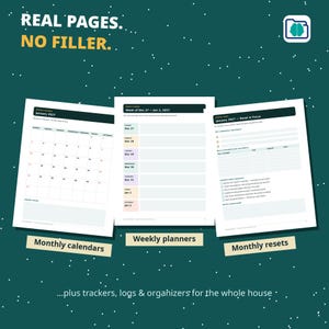 May include: Three planner pages displayed against a dark green background. The left page shows a January 2027 monthly calendar. The center page is a weekly planner for Dec 27 to Jan 2. The right page is a January 2027 reset and focus sheet.